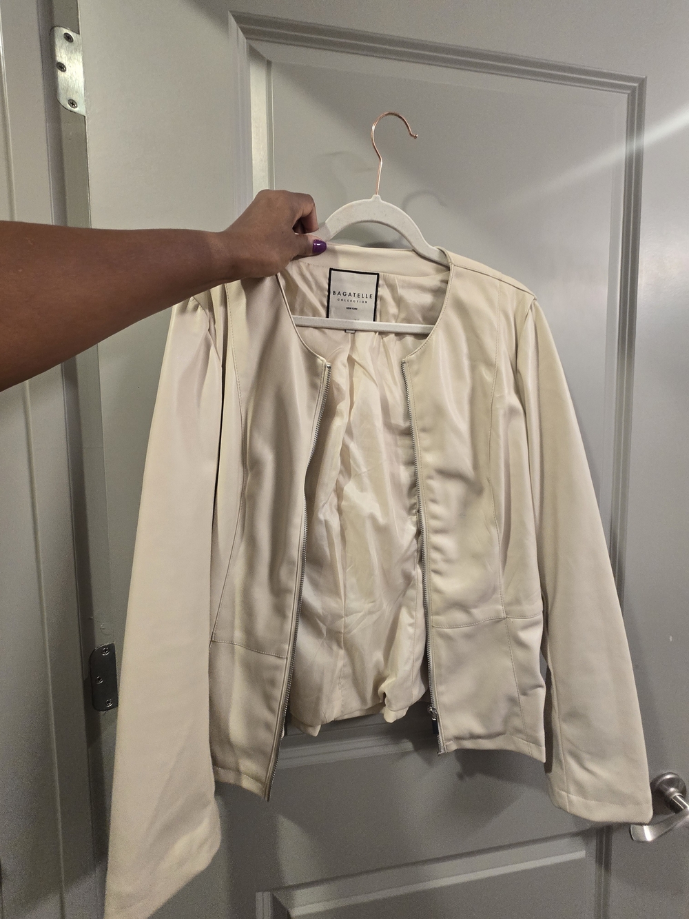 bagatelle Cream Collarless Faux Leather Jacket